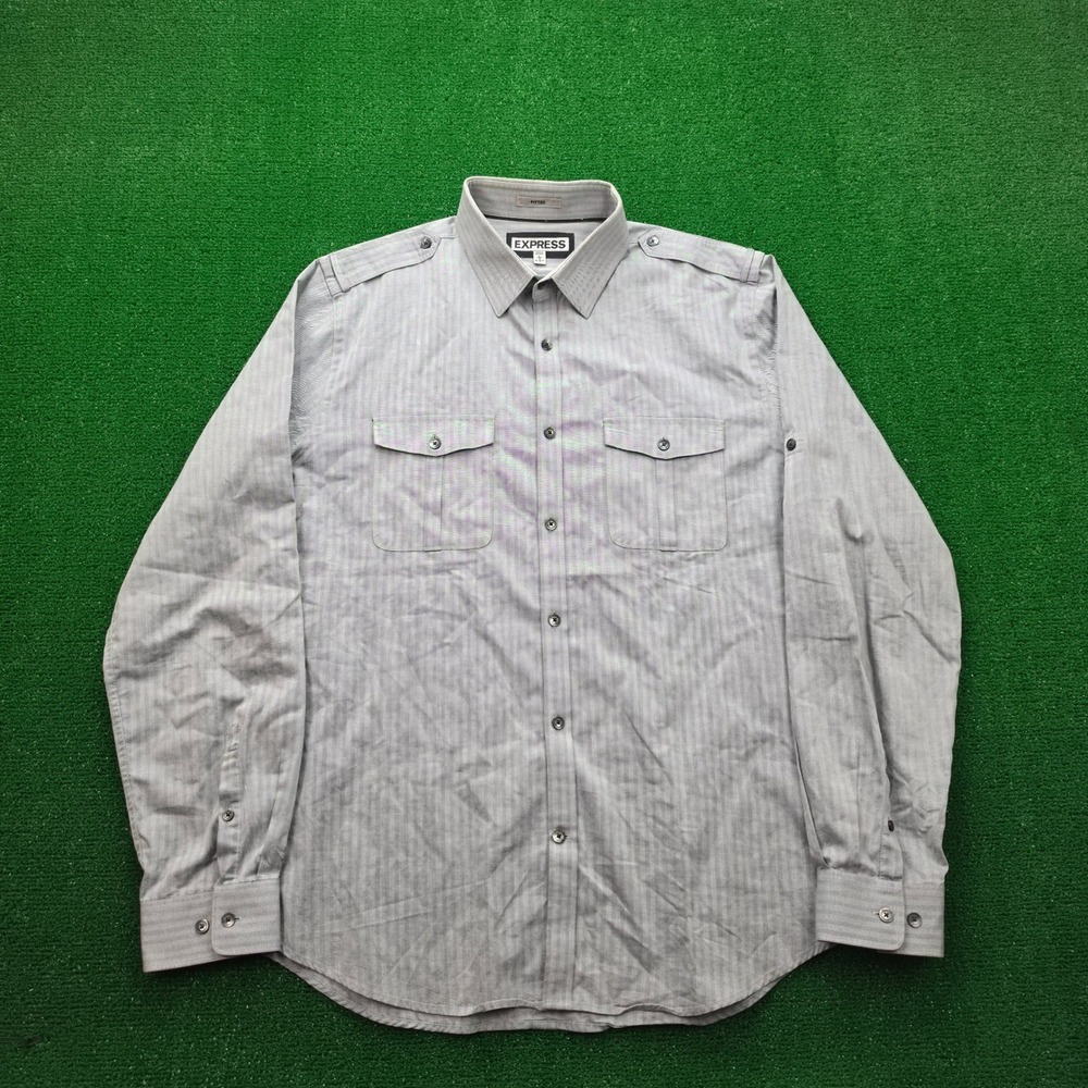 Express Fitted Military Style Striped Long-Sleeve Shirt Mens Large 16-16 1/2